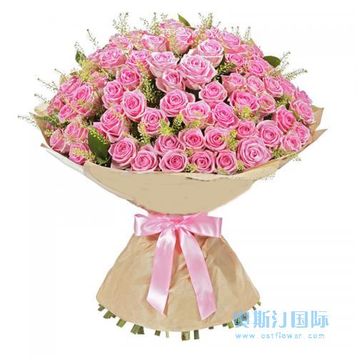 奥斯汀国际鲜花速递99枝粉玫瑰花束新加坡订花新加坡送花新加坡全境