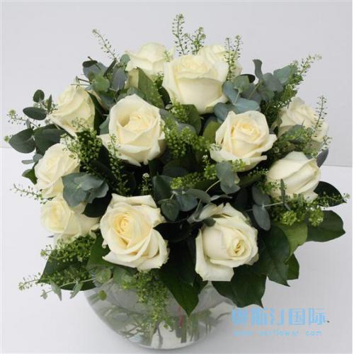 奥斯汀国际鲜花速递12枝白玫瑰英国送花伦敦订花爱丁堡鲜花店利物浦