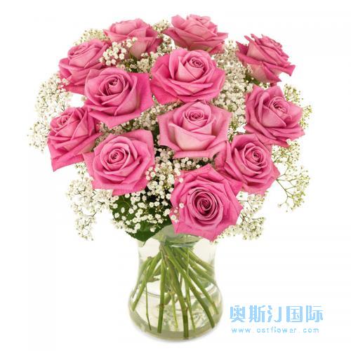 奥斯汀国际送花12枝粉色玫瑰瓶花德国鲜花柏林送花慕尼黑汉堡雷恩国际送花