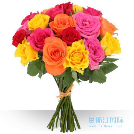 奥斯汀国际送花20枝混色玫瑰花束法国送花巴黎马赛订花兰斯鲜花店法国全境