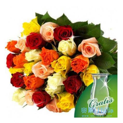 奥斯汀国际订花20枝各色玫瑰瓶花德国送花柏林纽伦堡鲜花店法兰克福订花杜塞尔多夫德国全境