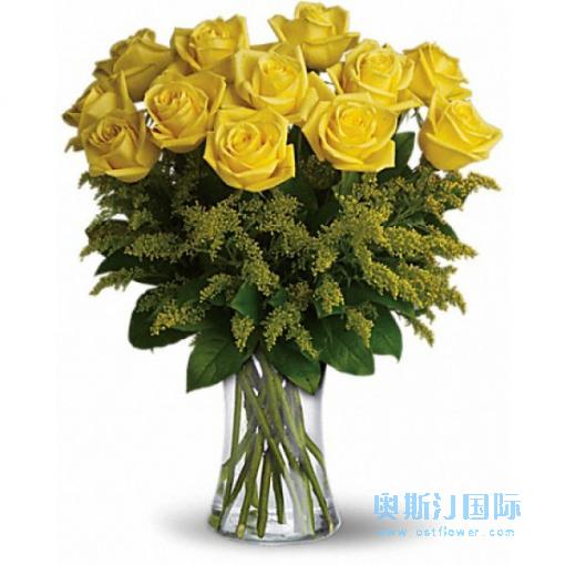 奥斯汀国际送花12枝黄色玫瑰瓶花加拿大送花多伦多温哥华鲜花速递蒙特利尔温尼伯订花温莎加拿大全境