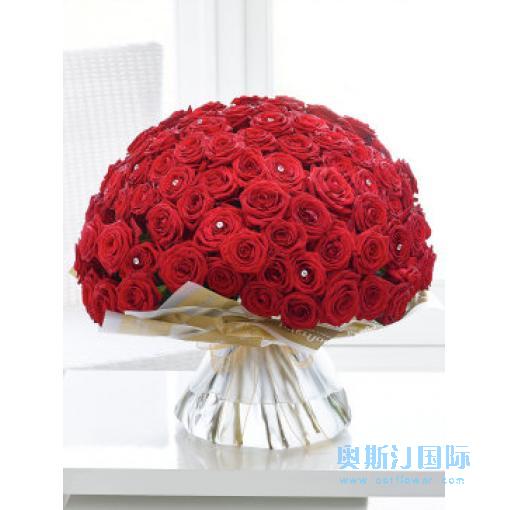 奥斯汀国际送花100枝红色玫瑰花束英国送花利物浦鲜花速递牛津鲜花店伯明翰订花利物浦英国全境
